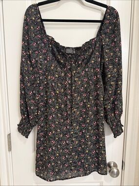 Dress Forum Black Floral Square-Neck Long Sleeve Mini Dress